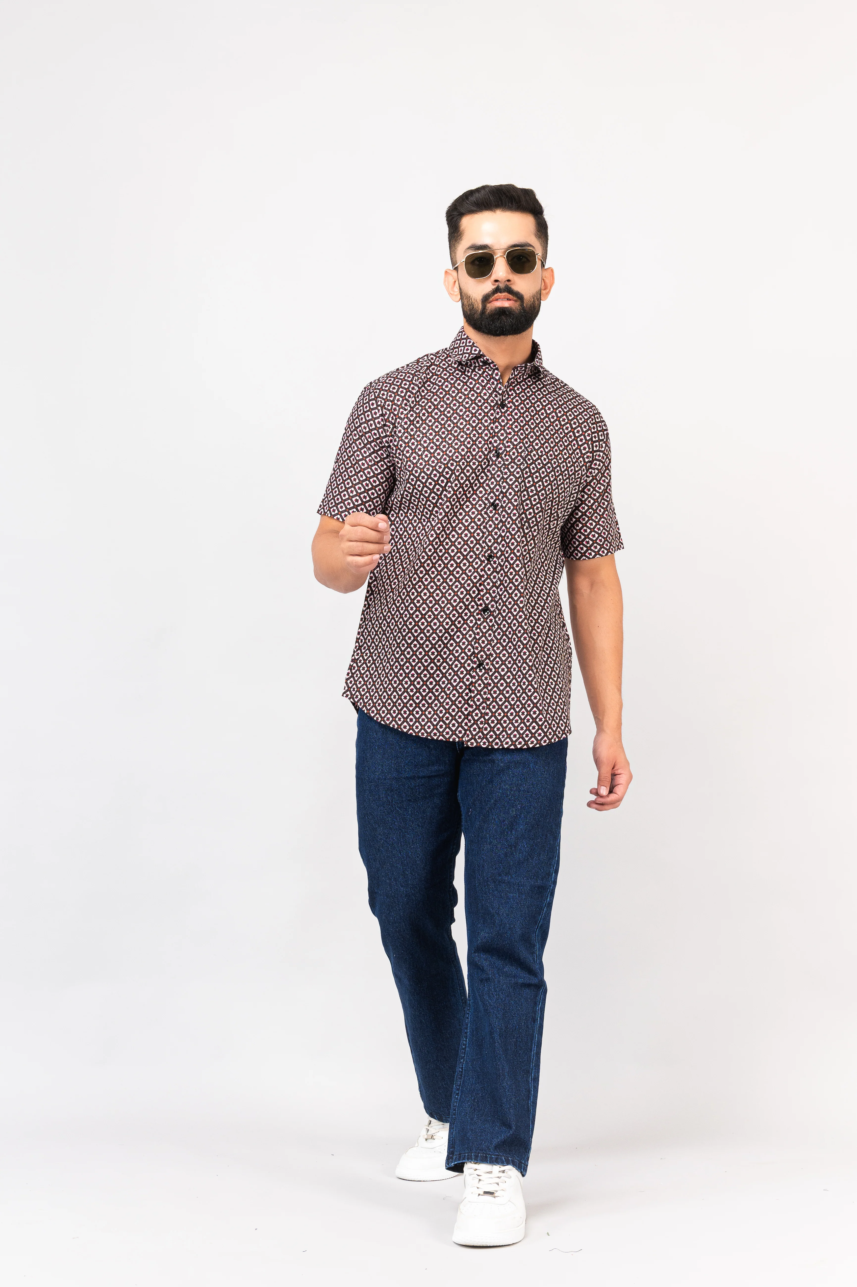 Balck Traditional Geomatric Printed Half Sleeves Shirt - Image 7