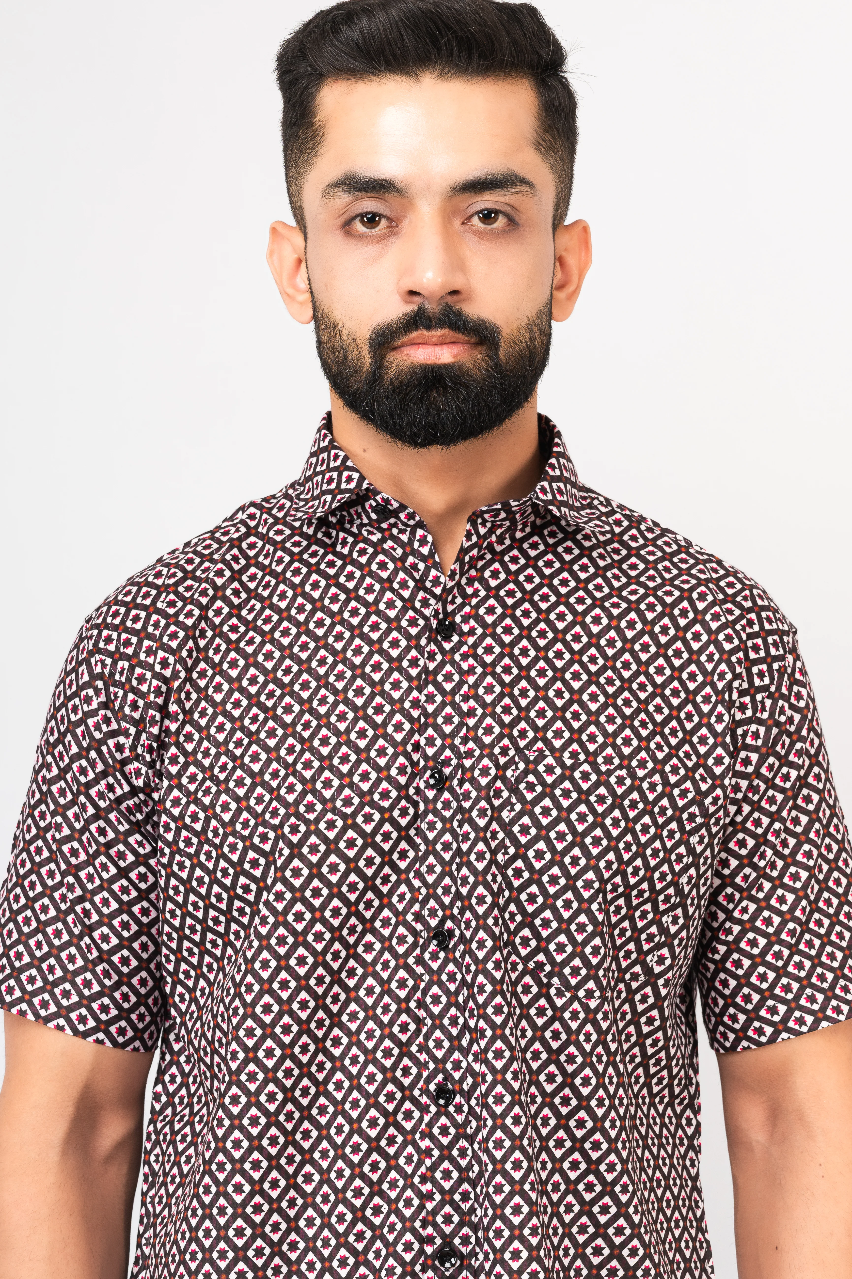 Balck Traditional Geomatric Printed Half Sleeves Shirt - Image 9