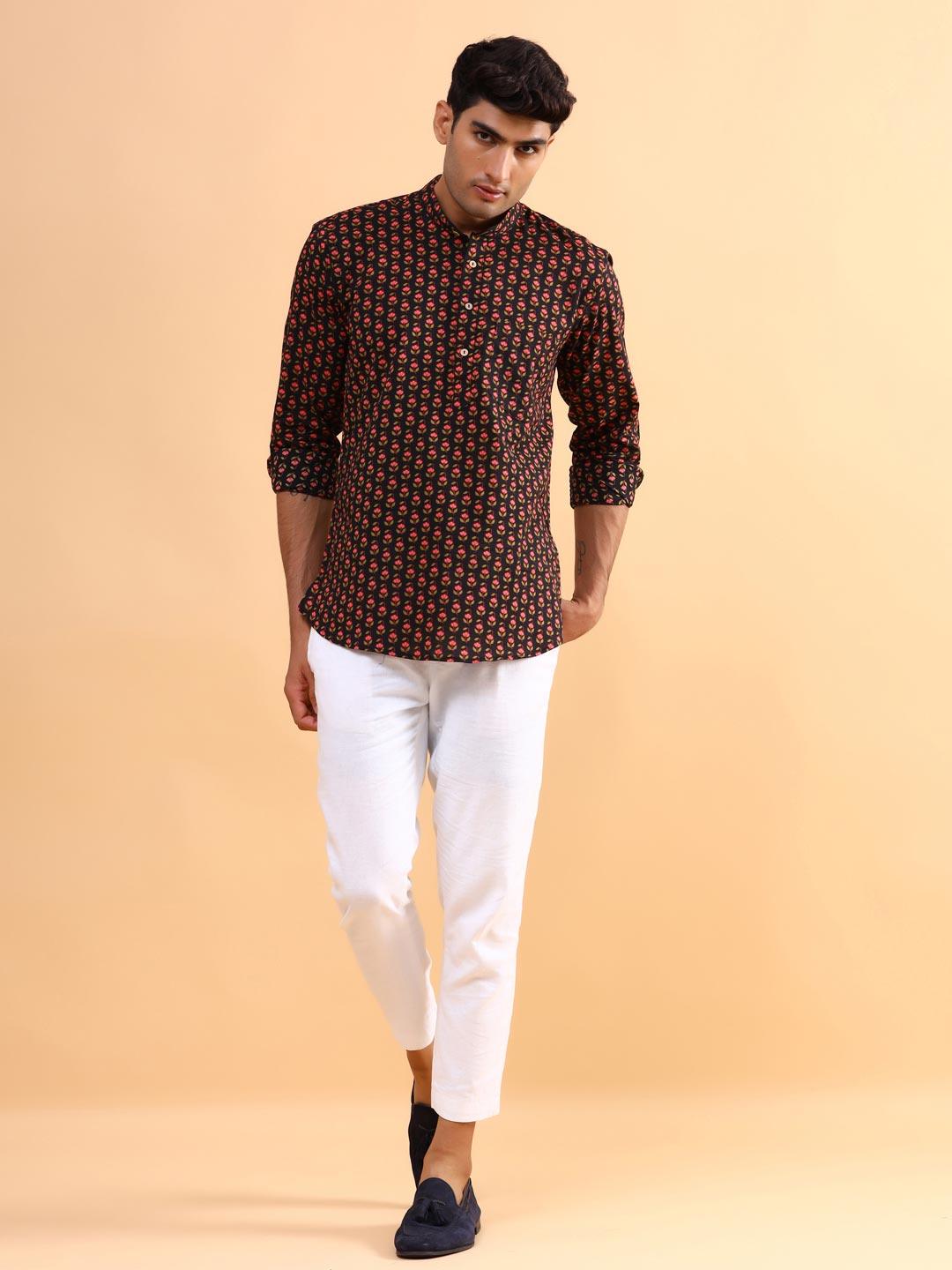 Black Blossom Printed Cotton Kurta - Image 3