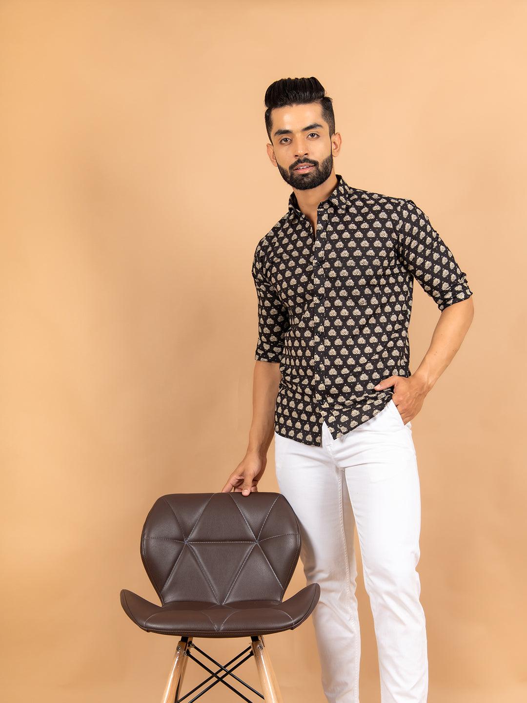 Black Jaipuri Cotton Printed Shirt For Men - Image 5