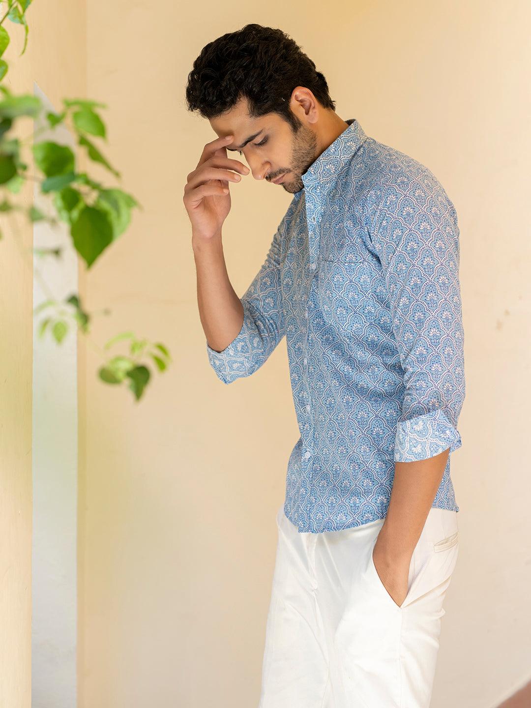 Blue Full Sleeve Jaipuri Printed Shirt - Image 4