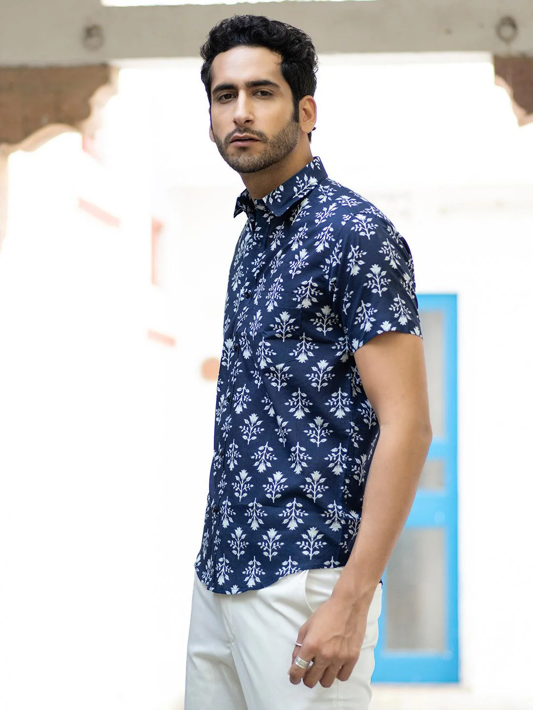 Blue Jaipuri Cotton Half Printed Shirts For Men - Image 4