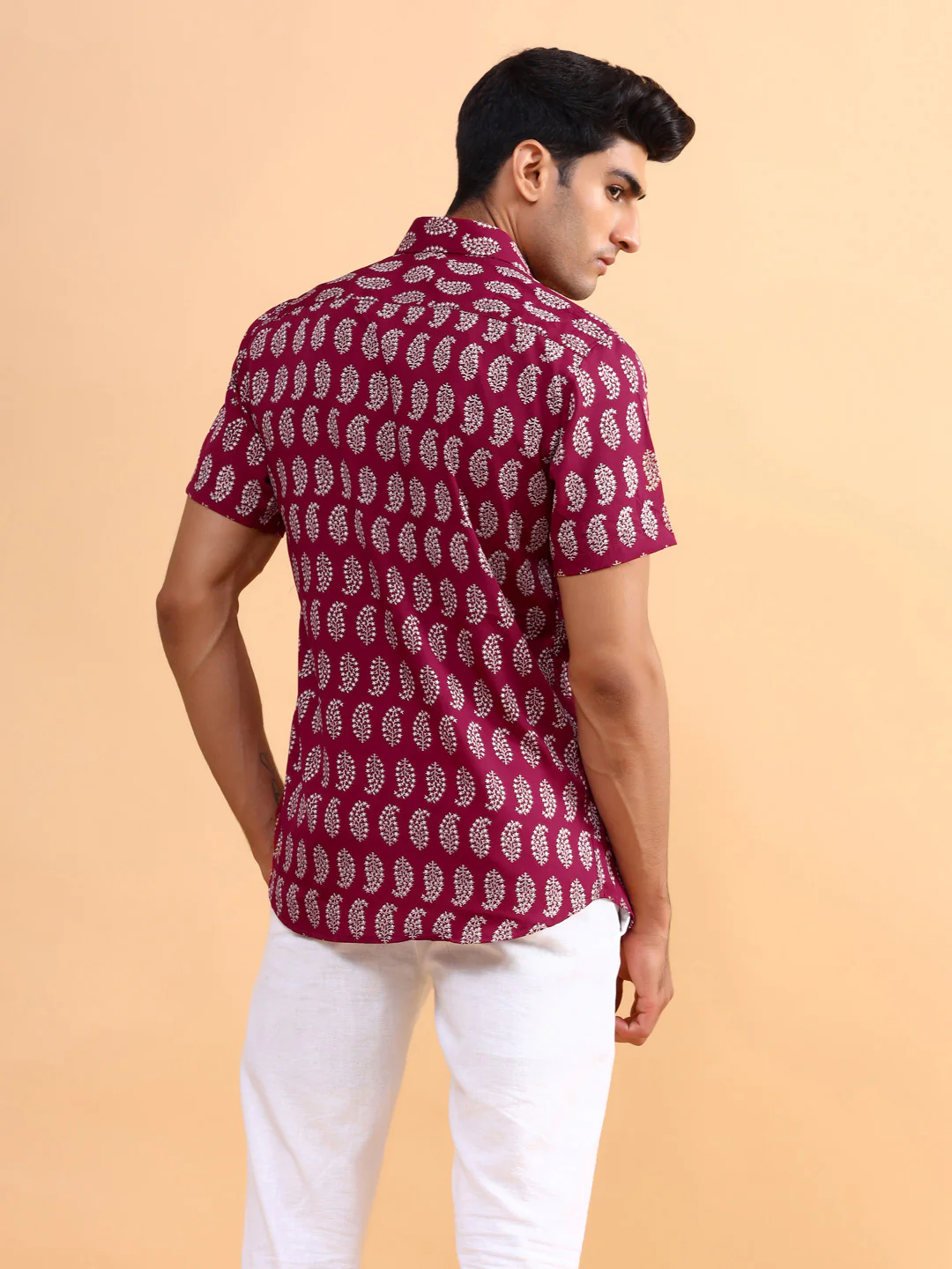Burgundy Leaf Half Sleeves Printed Shirt For Men - Image 5