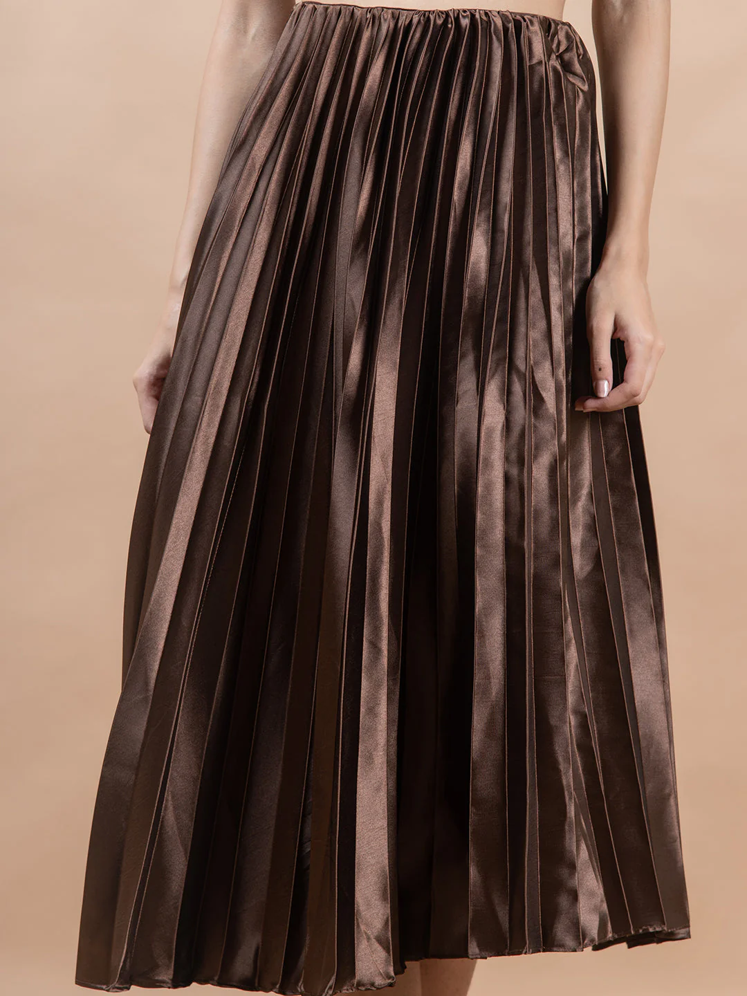 Dark Brown Flared Skirt with Accordion Pleats For Women - Image 5
