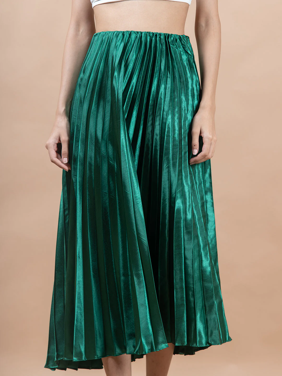 Dark Green Flared Skirt with Accordion Pleats For Women - Image 5