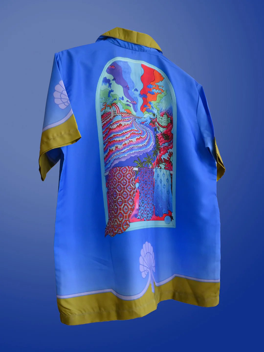Front Back Graphic Printed Oversized Royal Blue Crepe Shirt - Image 3