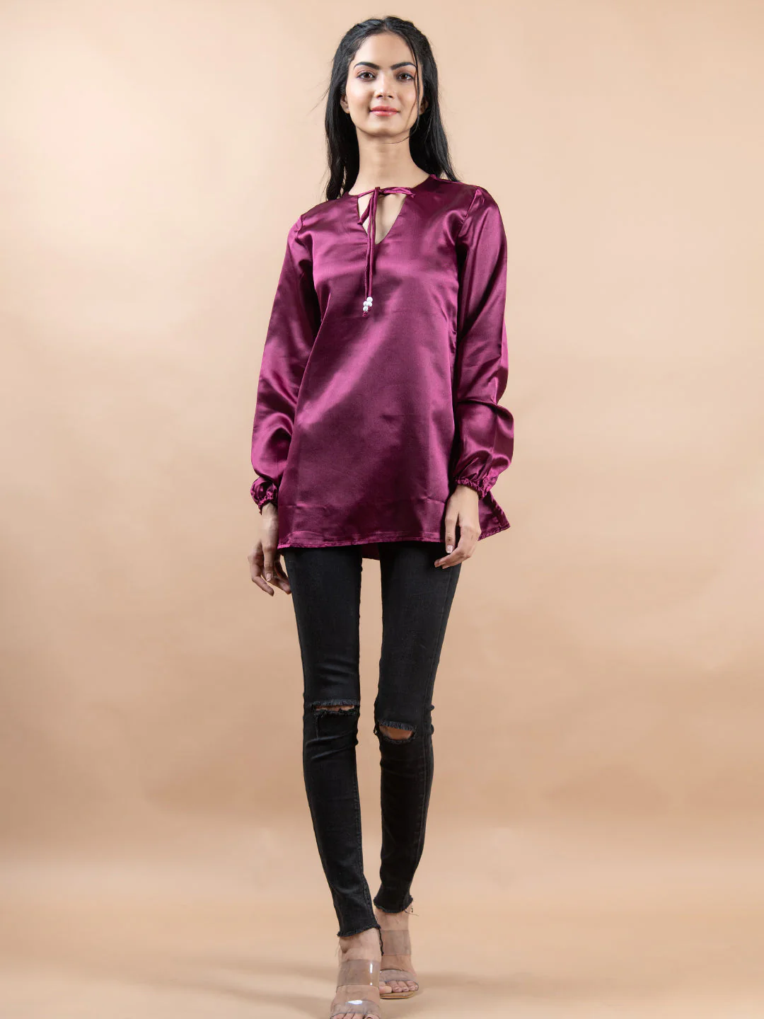 Maroon Satin Full Sleeves Top For Women - Image 6