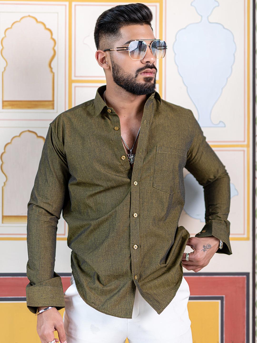 Olive Green Self Weaved Full Sleeves Giza Cotton Shirt - Image 4