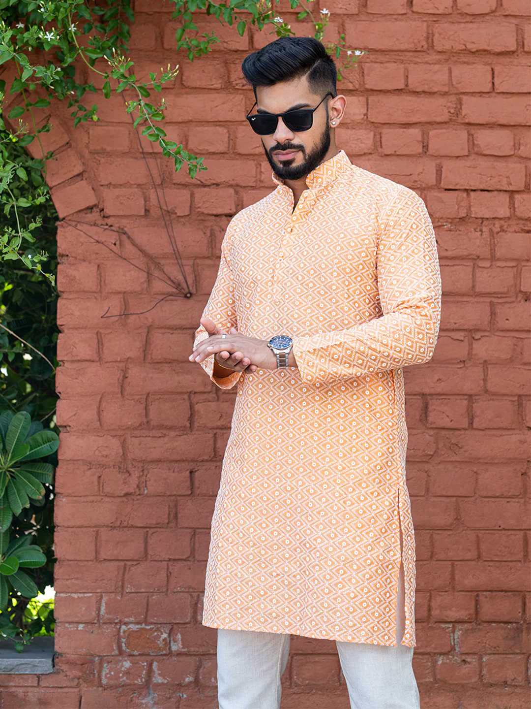 Orange Diamond Embroidered Cotton Mens Kurta - Image 4
