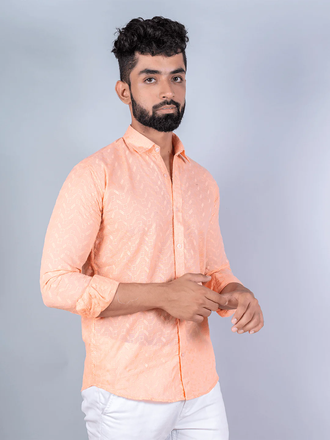 Peach Embroidered Full Sleeves Cotton Shirt - Image 3
