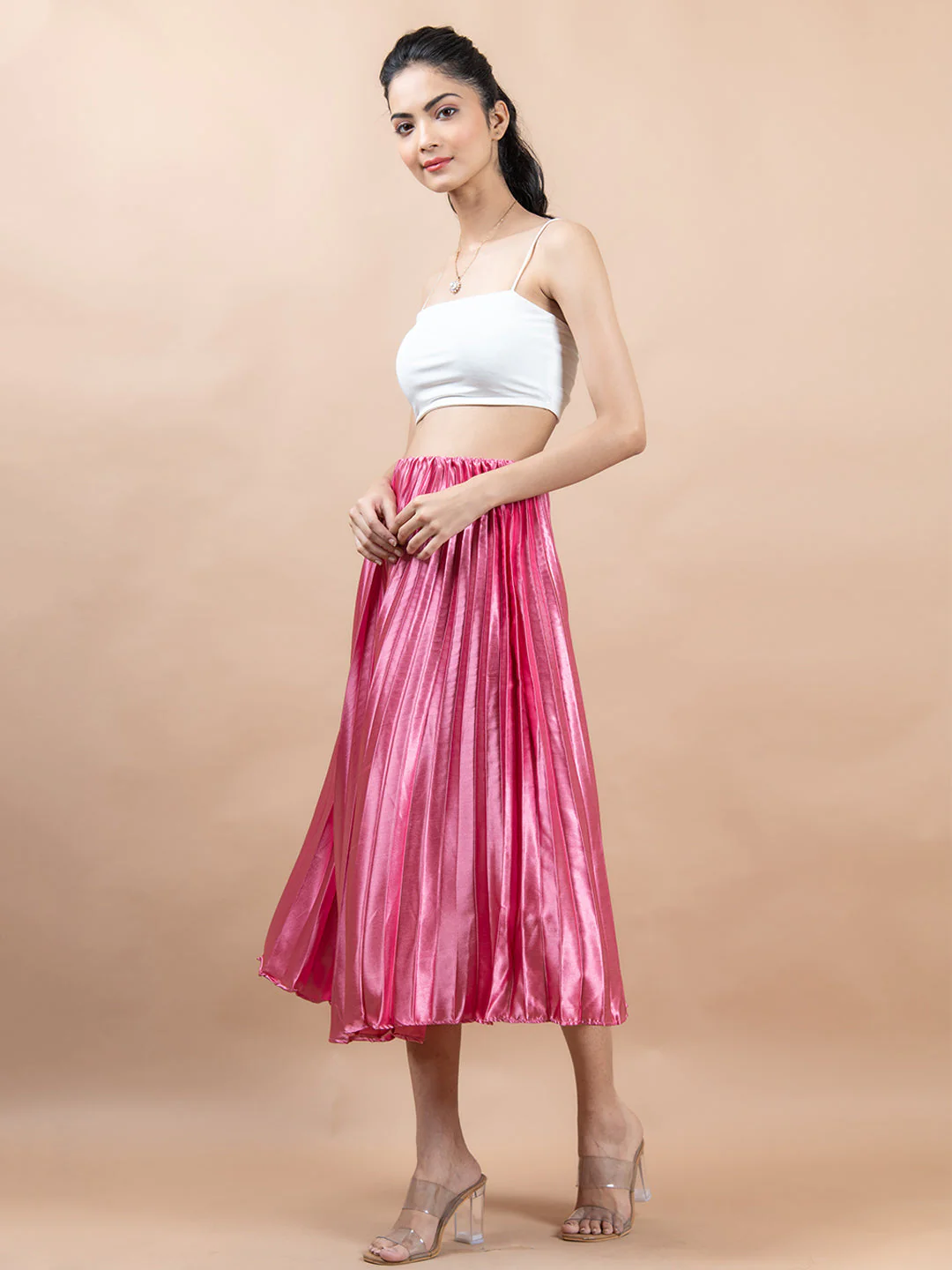 Rosy Pink Flared Skirt with Accordion Pleats For Women - Image 3