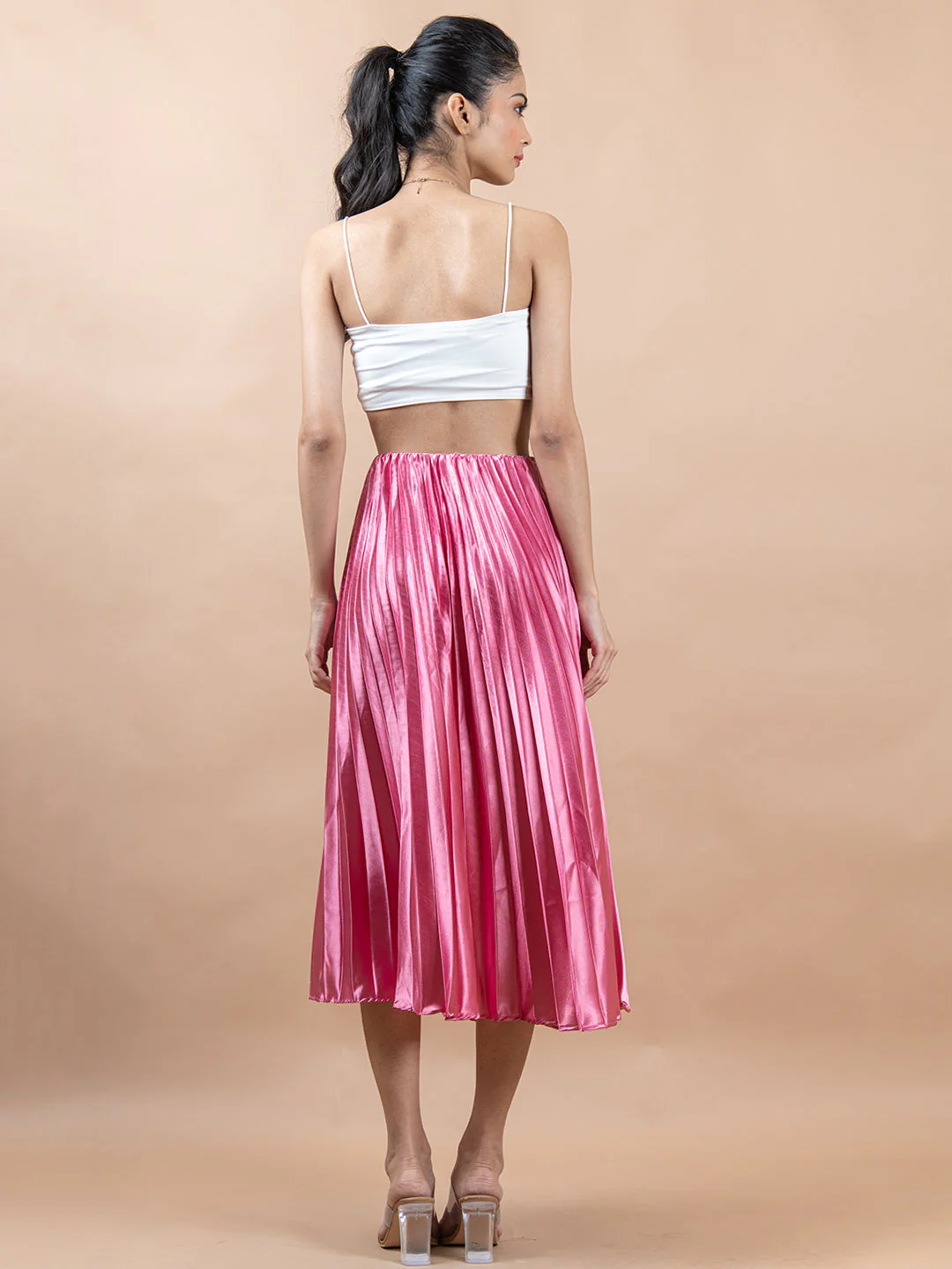 Rosy Pink Flared Skirt with Accordion Pleats For Women - Image 4