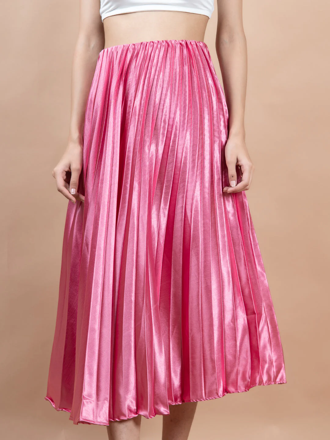 Rosy Pink Flared Skirt with Accordion Pleats For Women - Image 5