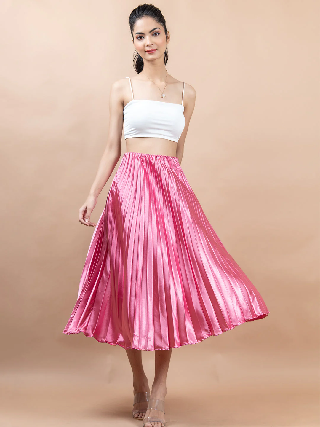 Rosy Pink Flared Skirt with Accordion Pleats For Women - Image 6