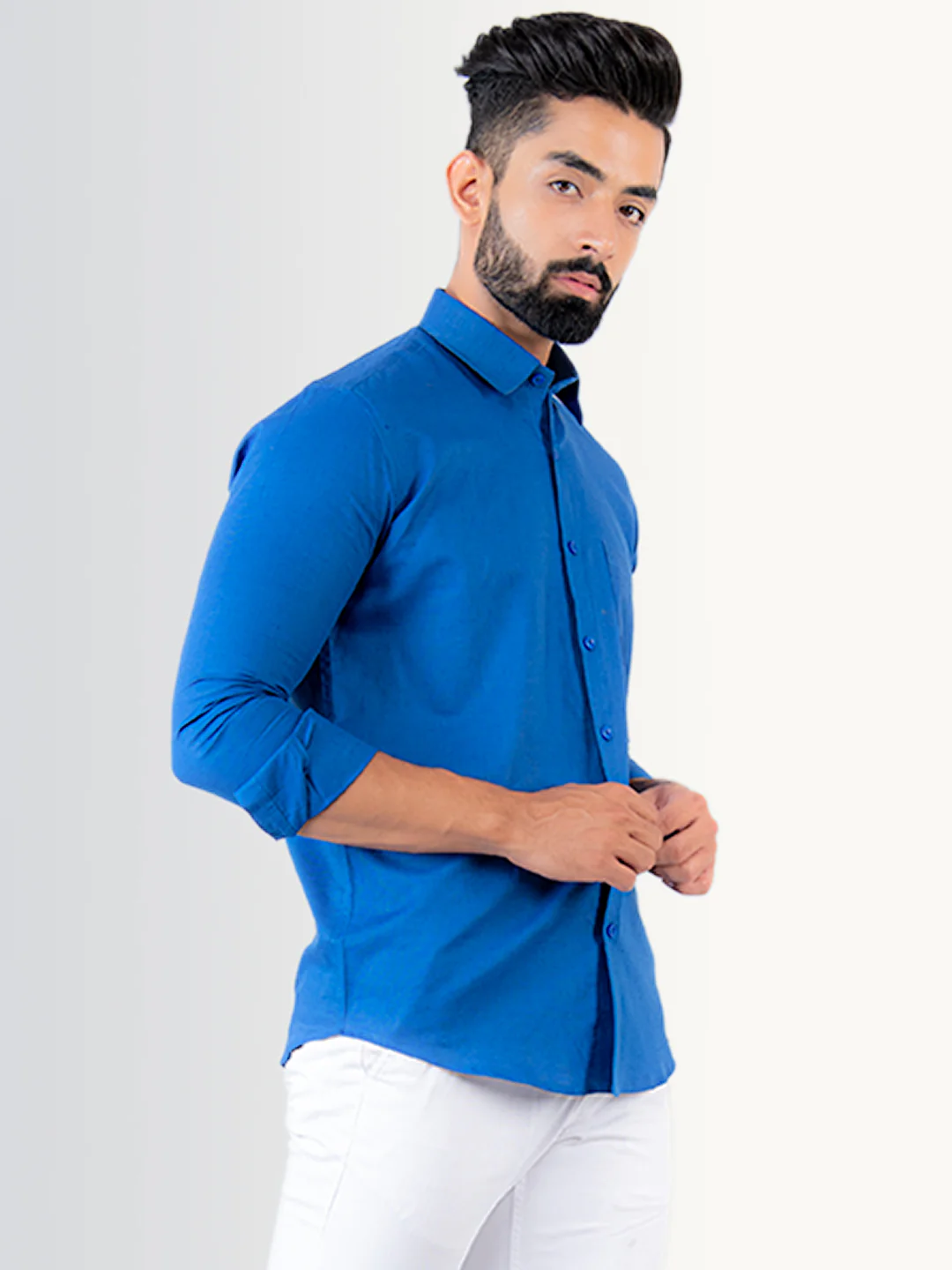 Solid Blue Full Sleeves Cotton Shirt - Image 3