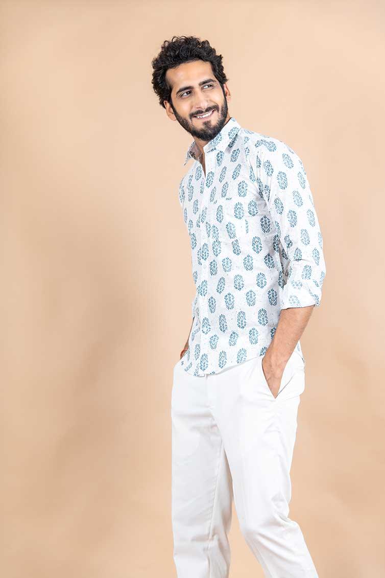White Jaipuri Cotton Printed Shirt - Image 3
